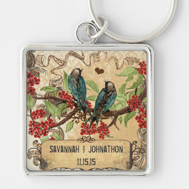 Muscial Vintage Teal Birds Red Blooms Key Chain (Front)