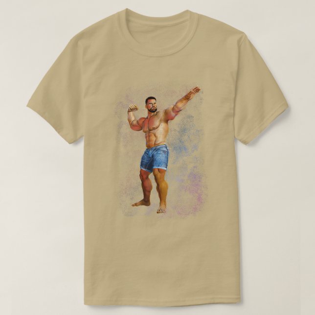 Muscle Beard Daddy in Jeans Shorts Power Pose Spac T-Shirt (Design Front)