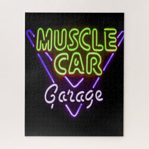 Muscle Car Garage Neon Sign Blue Green Jigsaw Puzzle