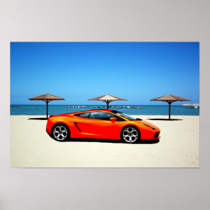 Muscle Car Orange on Beach Poster