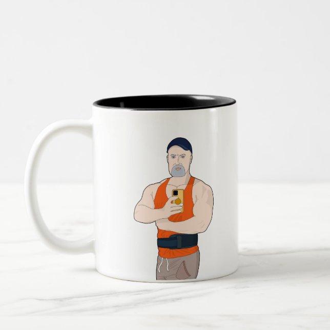 Muscle Daddy Taking a Selfie at the Gym Two-Tone Coffee Mug (Left)