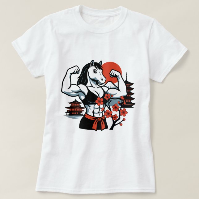 Muscle Horse Lady – Japanese Sakura Art T-Shirt (Design Front)