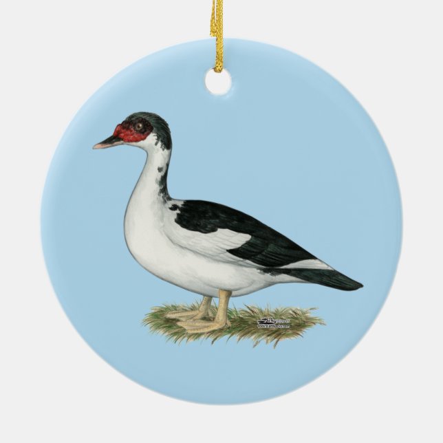 Muscovy Black Pied Duck Ceramic Tree Decoration (Back)