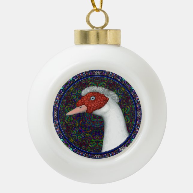 Muscovy Duck Head White Ceramic Ball Christmas Ornament (Front)