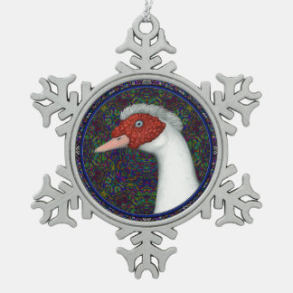 Muscovy Duck Head White Snowflake Pewter Christmas Ornament