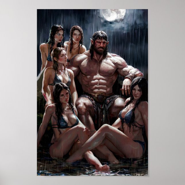 Muscular Barbarian Surrounded by Sexy Women Poster (Front)