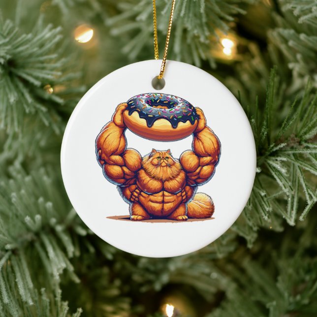 Muscular Cat Lifting Doughnut Ceramic Tree Decoration (Tree)