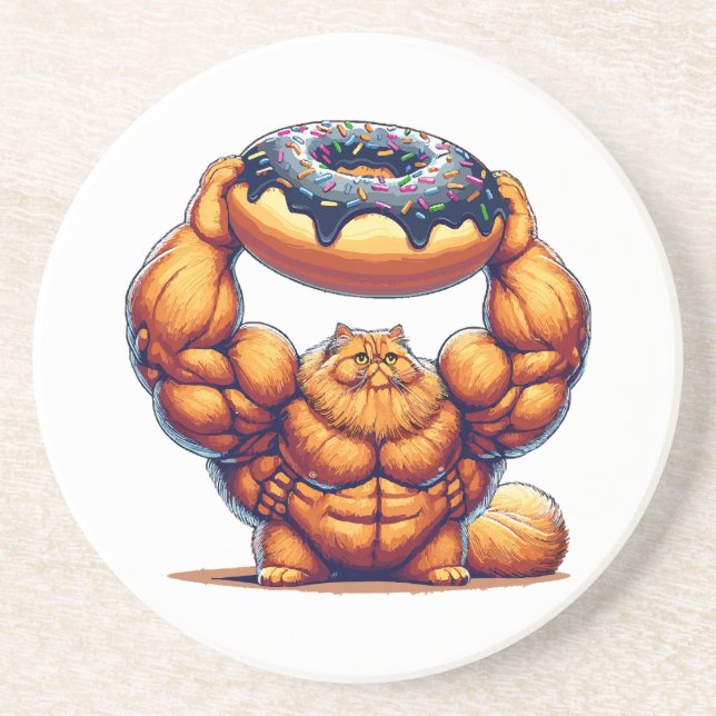 Muscular Cat Lifting Doughnut Coaster (Front)