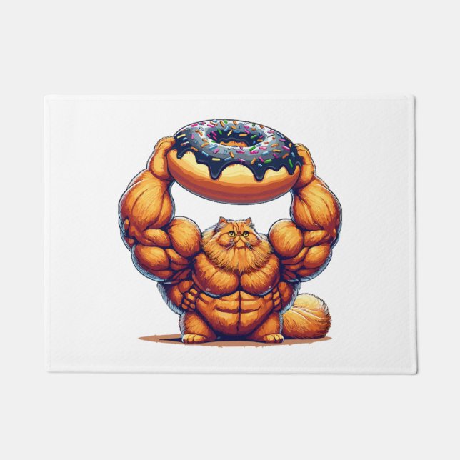 Muscular Cat Lifting Doughnut Doormat (Front)