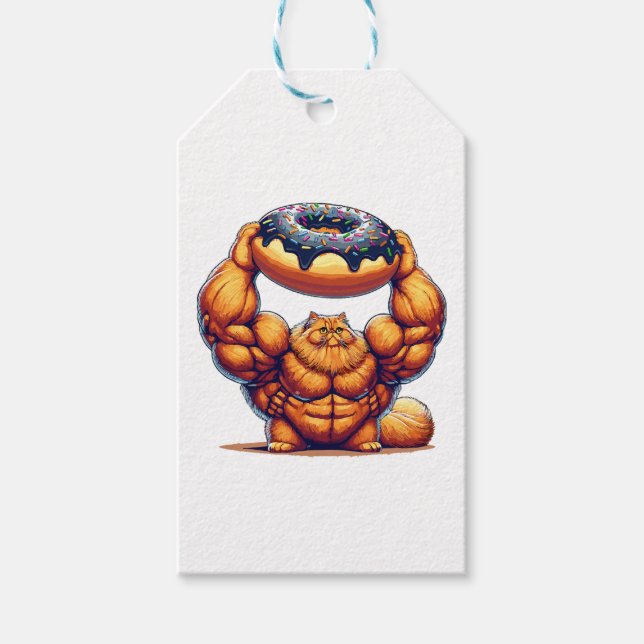 Muscular Cat Lifting Doughnut Gift Tags (Front)