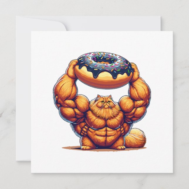 Muscular Cat Lifting Doughnut Invitation (Front)