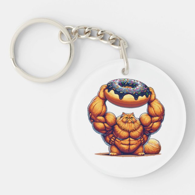 Muscular Cat Lifting Doughnut Key Ring (Front)