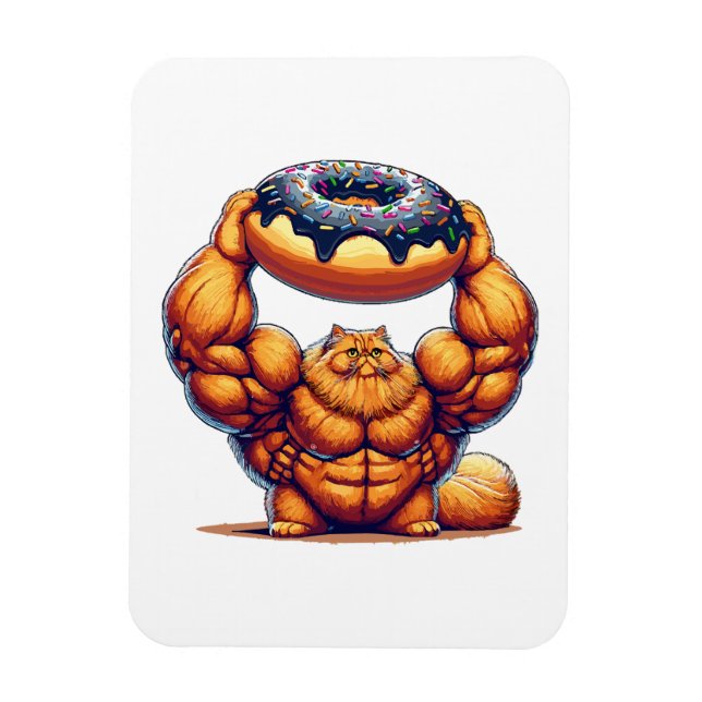 Muscular Cat Lifting Doughnut Magnet (Vertical)