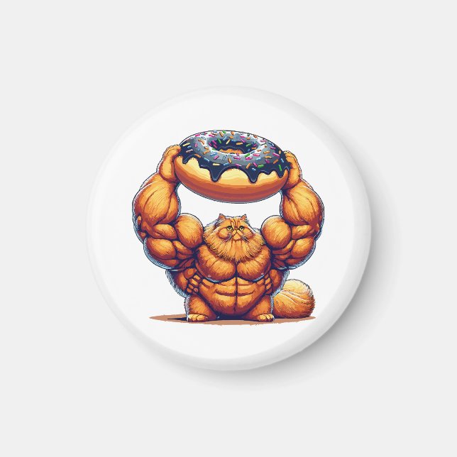 Muscular Cat Lifting Doughnut Magnet (Front)