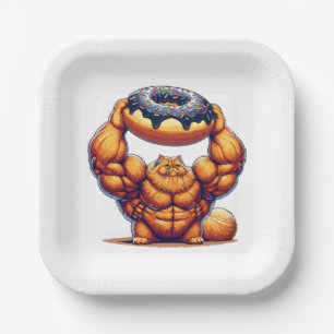 Muscular Cat Lifting Doughnut Paper Plate