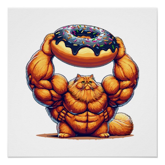 Muscular Cat Lifting Doughnut Poster (Front)