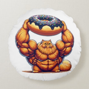 Muscular Cat Lifting Doughnut Round Cushion