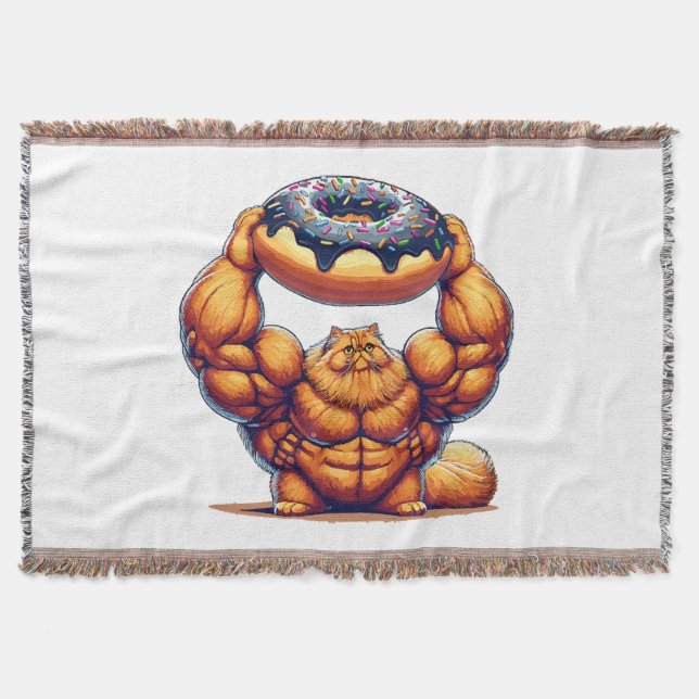 Muscular Cat Lifting Doughnut Throw Blanket (Front)