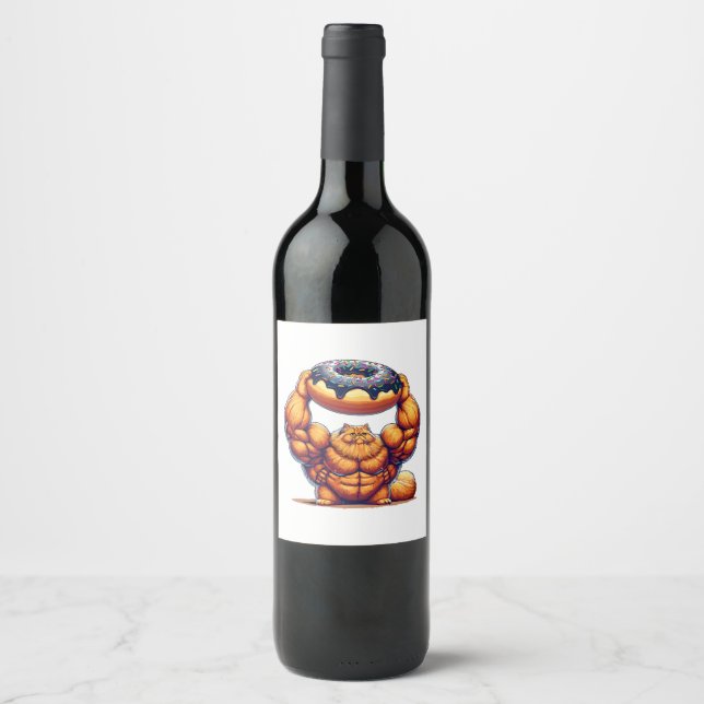 Muscular Cat Lifting Doughnut Wine Label (Front)
