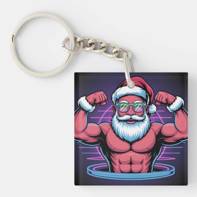 Muscular Santa Claus Bodybuilder Illustration Key Ring (Front)