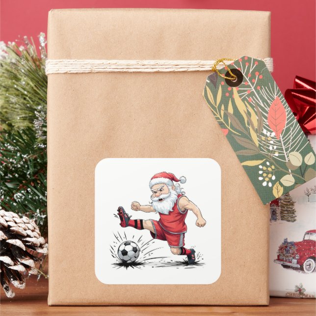 Muscular Soccer Santa Kicking Ball Square Sticker (Holiday)