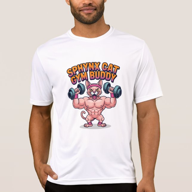 Muscular Sphynx Cat Gym Buddy Cartoon T-Shirt (Front)