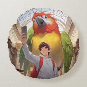 Museum Gaze: Giant Scarlet Macaw Parrot Selfie Round Cushion
