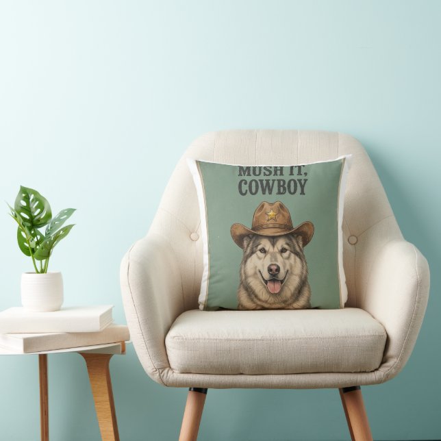 "Mush It, Cowboy" Pillow Husky with cowboy hat (Chair)