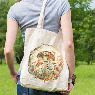 Mushroom and Floral Tote Bag