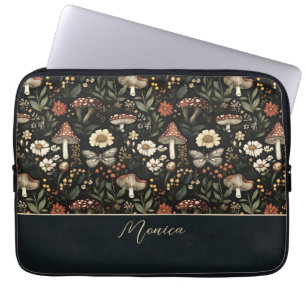 Mushroom and Flowers Cottagecore pattern with name Laptop Sleeve