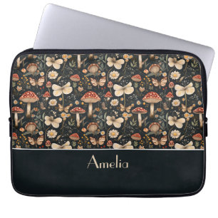 Mushroom and Flowers Cottagecore pattern with name Laptop Sleeve