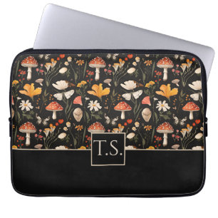 Mushroom and Flowers Cottagecore pattern with name Laptop Sleeve