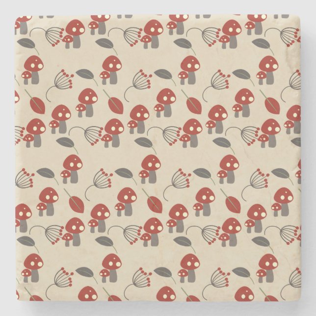 Mushroom and Leaves Retro  Patterned Stone Coaster (Front)