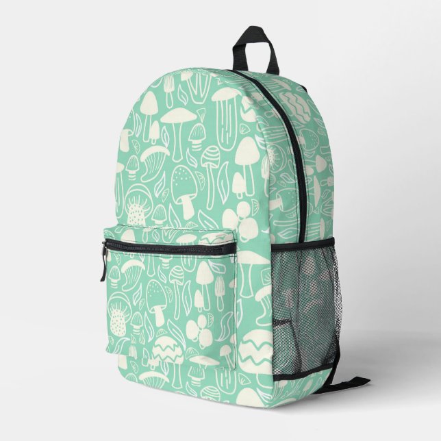 Mushroom Aqua Cream Printed Backpack (Back Corner Right)