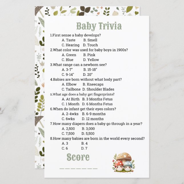 Mushroom Baby Shower Baby Trivia (Front/Back)