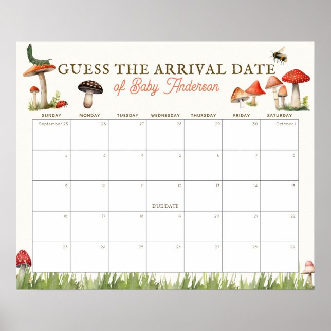 Mushroom & Bee Guess The Due Date Calendar Poster (Front)