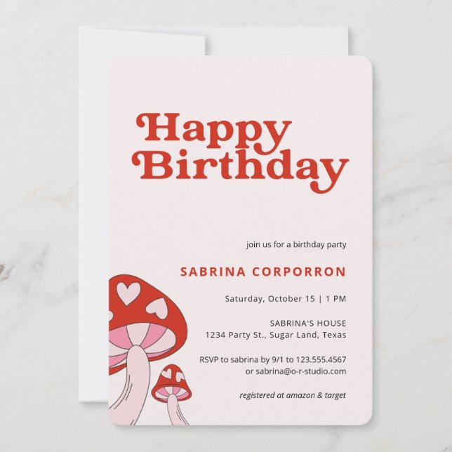 Mushroom Birthday Party Invitation | Red and Pink (Front)