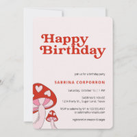 Mushroom Birthday Party Invitation | Red and Pink