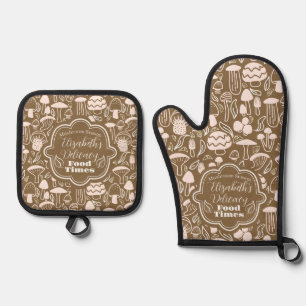Mushroom Brown Cream Oven Mitt & Pot Holder Set