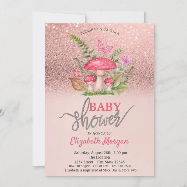 Mushroom Butterflies Rose Gold Glitter Baby Shower Invitation (Front)