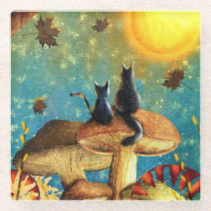 Mushroom Cats  Glass Coaster