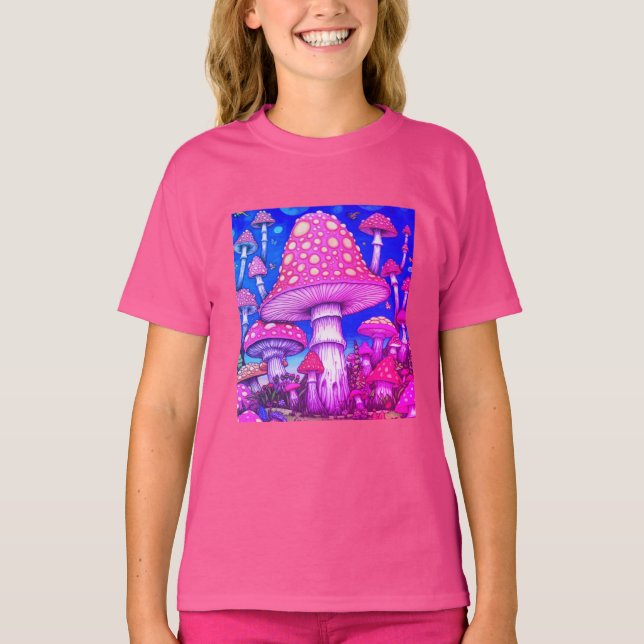 Mushroom City-Colorful Red + Yellow Mushrooms on   T-Shirt (Front)