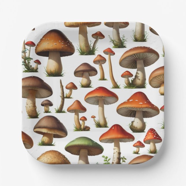 Mushroom Collection Pattern Design Paper Plate (Front)