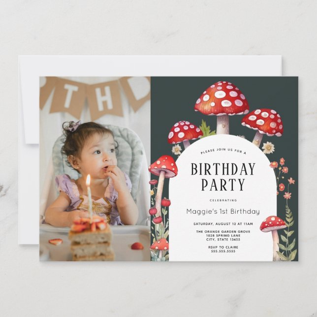 Mushroom Cottage Woodland Birthday Photo Invitation (Front)