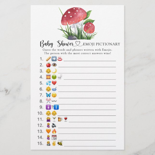 mushroom emoji pictionary baby shower game (Front)