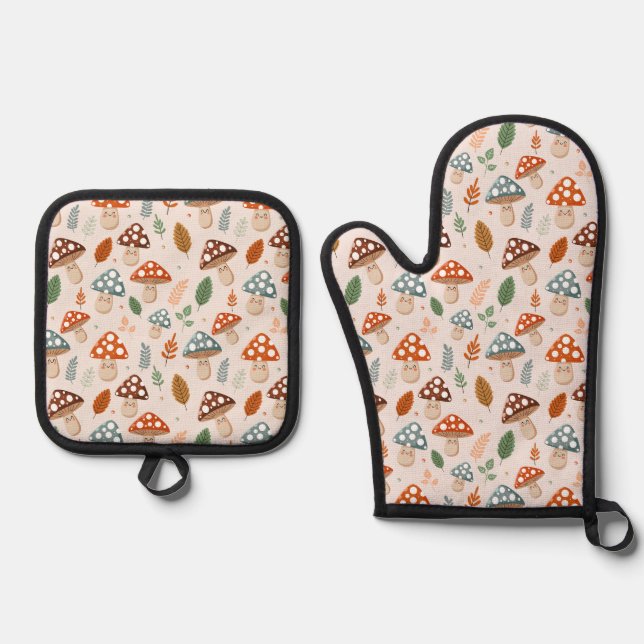 Mushroom, Fall foliage, Nature Patten  Oven Mitt & Pot Holder Set (Front)