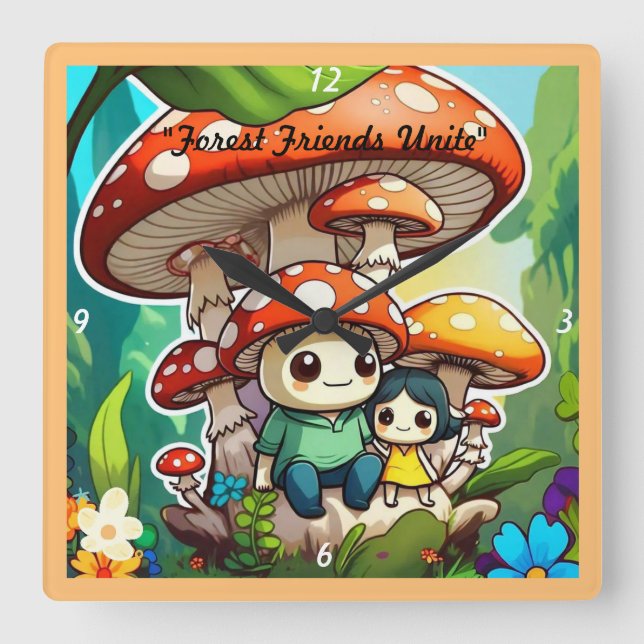 "Mushroom Family Life" Square Wall Clock (Front)