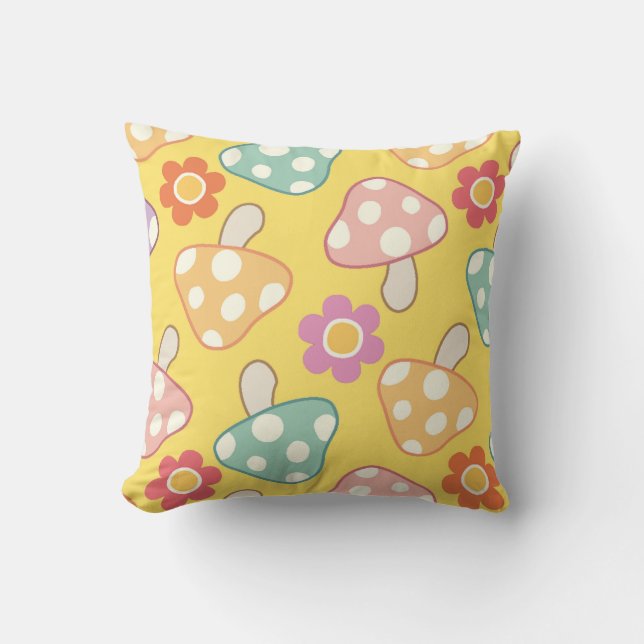  Mushroom & Floral Throw Pillow (Front)