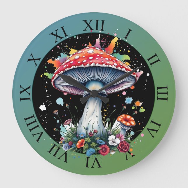Mushroom Flowers Woodland Colourful Splash  Large Clock (Front)