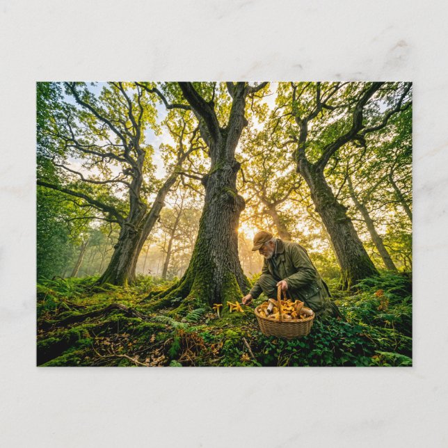 Mushroom forager under old oak trees postcard (Front)